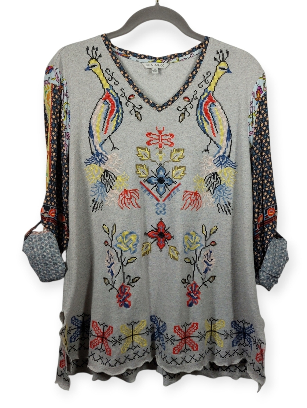 John Mark Embroidered Boho Knit Tunic Top Size Medium Artsy Floral Birds